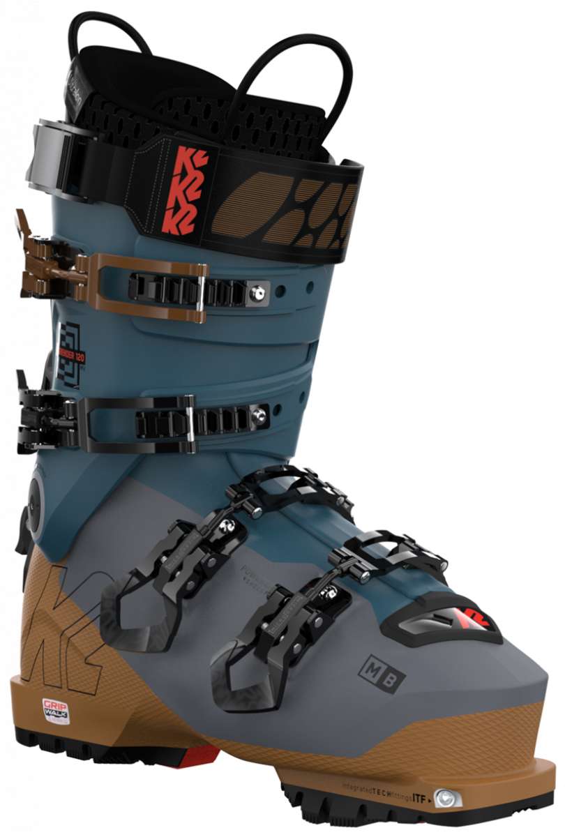 Blue and gray K2 Mindbender 120 MV ski boot with red and orange accents and a textured sole.