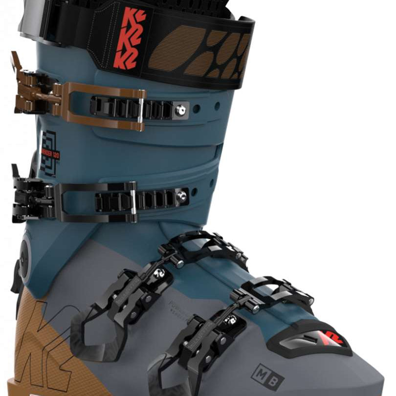 Blue and gray K2 Mindbender 120 MV ski boot with red and orange accents and a textured sole.