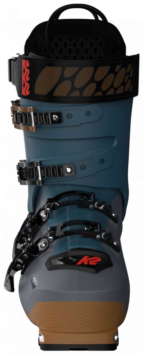 Blue K2 Mindbender 120 MV ski boot with red accents and a textured heel.