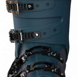 Blue K2 Mindbender 120 MV ski boot with red accents and a textured heel.
