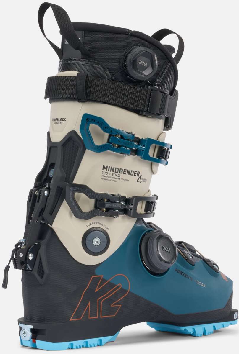 K2 Mindbender 130 BOA ski boot features a black and blue design with a visible adjustment dial.