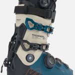 K2 Mindbender 130 BOA ski boot features a black and blue design with a visible adjustment dial.