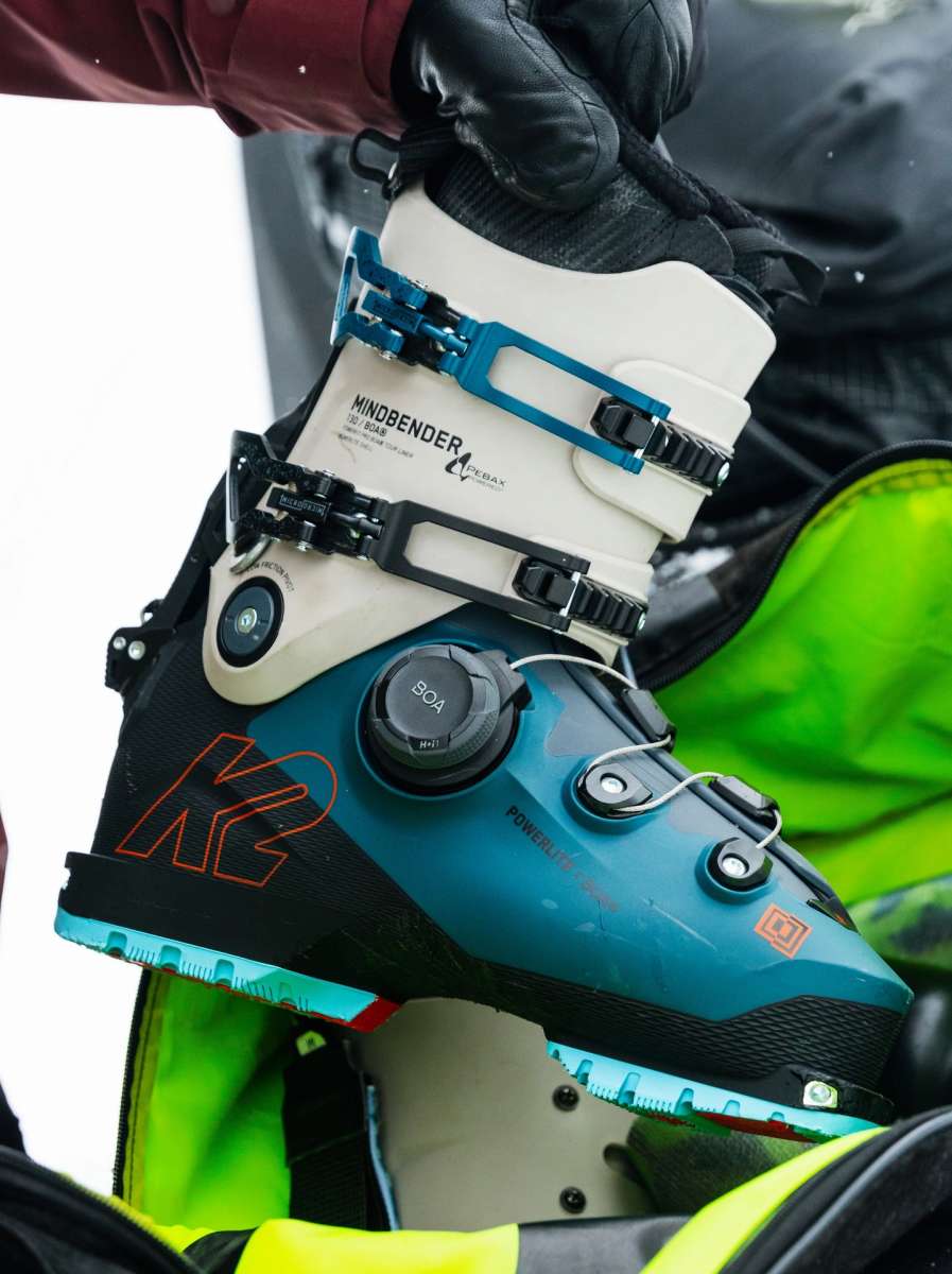 Blue and white K2 Mindbender 130 BOA ski boot features a BOA dial and distinctive design.