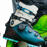 Blue and white K2 Mindbender 130 BOA ski boot features a BOA dial and distinctive design.