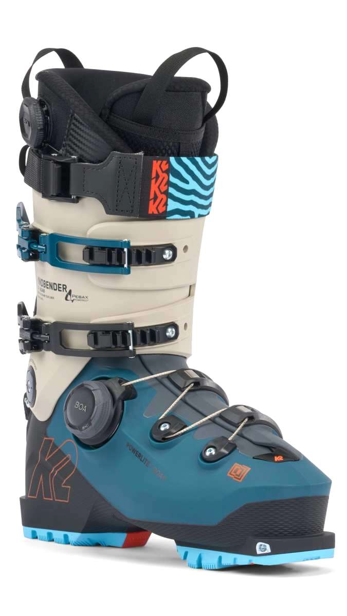 K2 Mindbender 130 BOA ski boot features a blue and white striped design with a red accent.