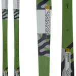 K2 Mindbender 89Ti skis feature a green and white design with distinctive graphics.