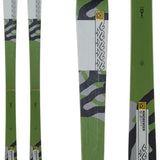 K2 Mindbender 89Ti skis feature a green and white design with distinctive graphics.