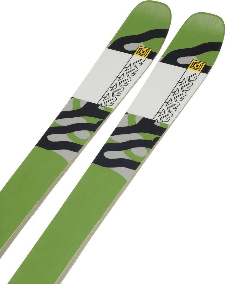 K2 Mindbender 89Ti skis feature a distinctive green and white design.