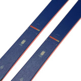 K2 Mindbender 90C skis feature a blue and red design with a distinctive graphic pattern.