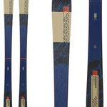 K2 Mindbender 90C skis feature a blue and white design with red accents.
