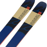 K2 Mindbender 90C skis feature a blue and white design with red accents.