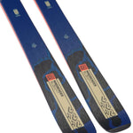 K2 Mindbender 90C skis feature a blue and white design with red accents.