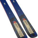 K2 Mindbender 90C skis feature a blue and white design with red accents.