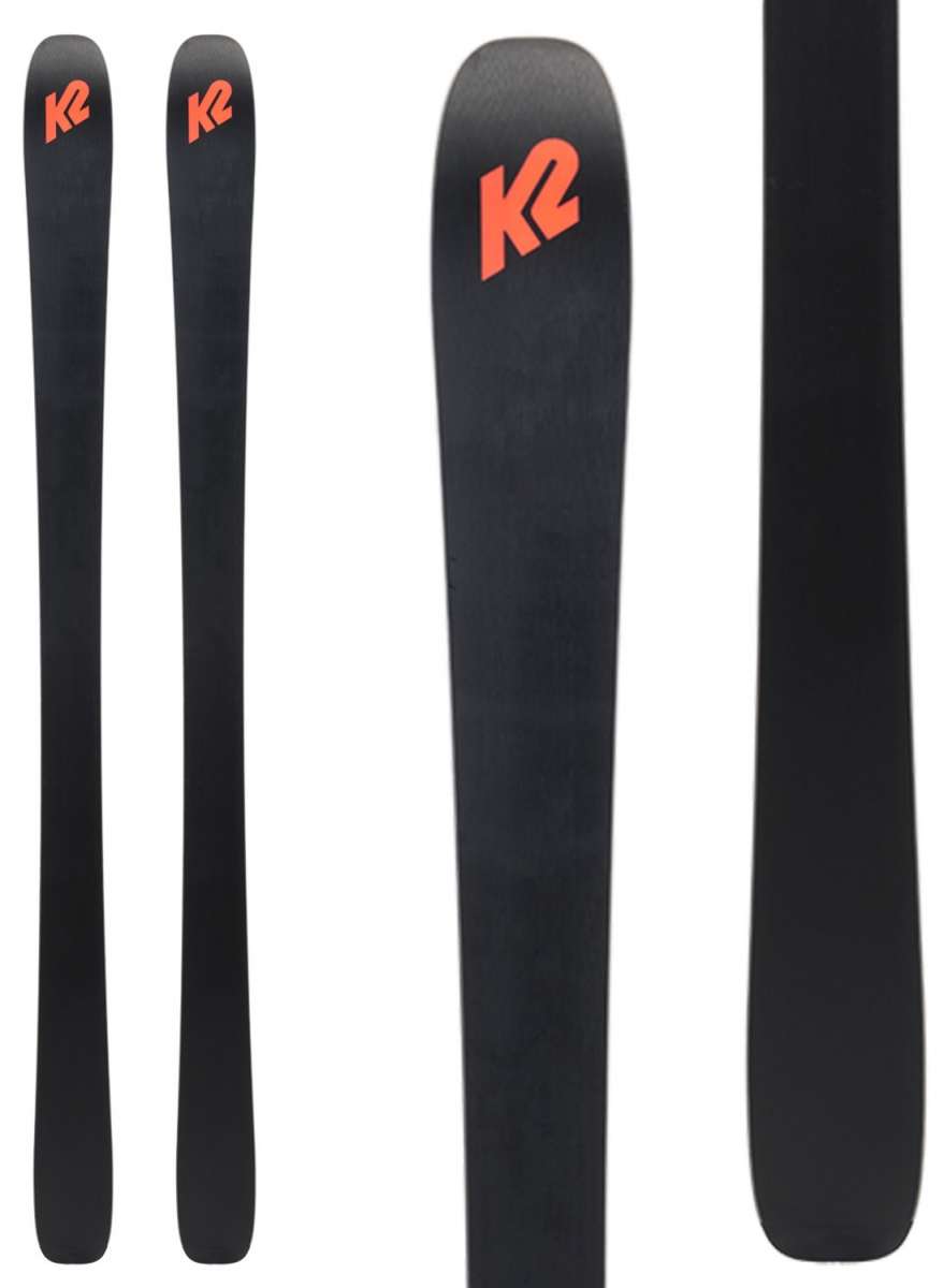 K2 Mindbender 90C 2024 skis feature a black finish and distinctive red graphics.