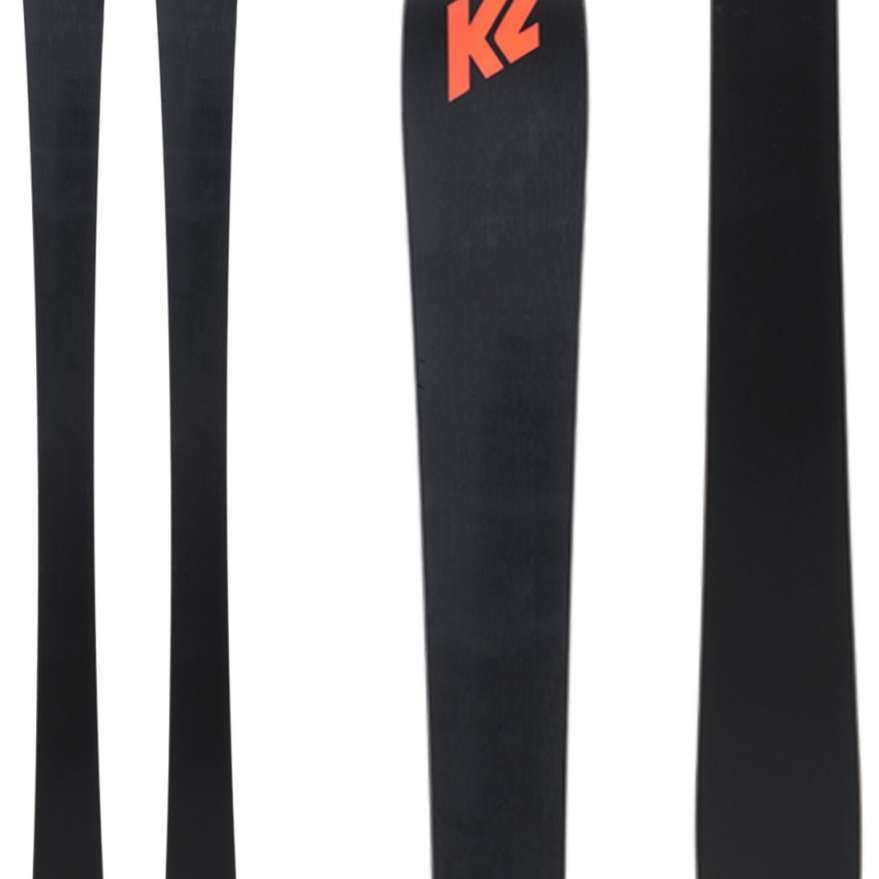 K2 Mindbender 90C 2024 skis feature a black finish and distinctive red graphics.