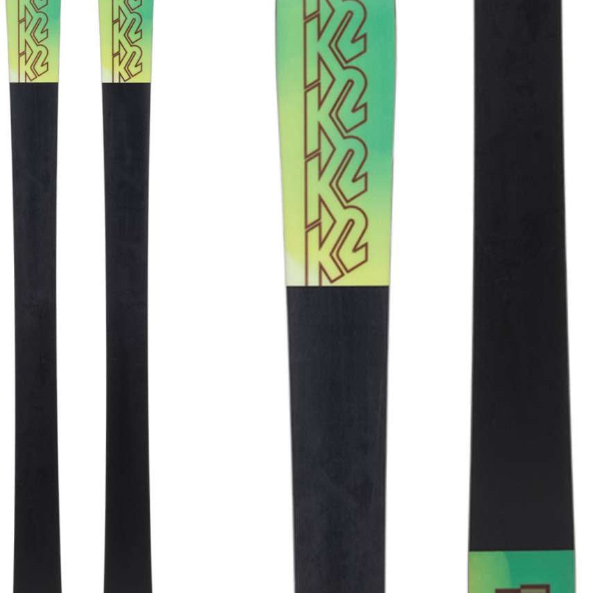 K2 Mindbender 99Ti skis feature a vibrant green and black design.