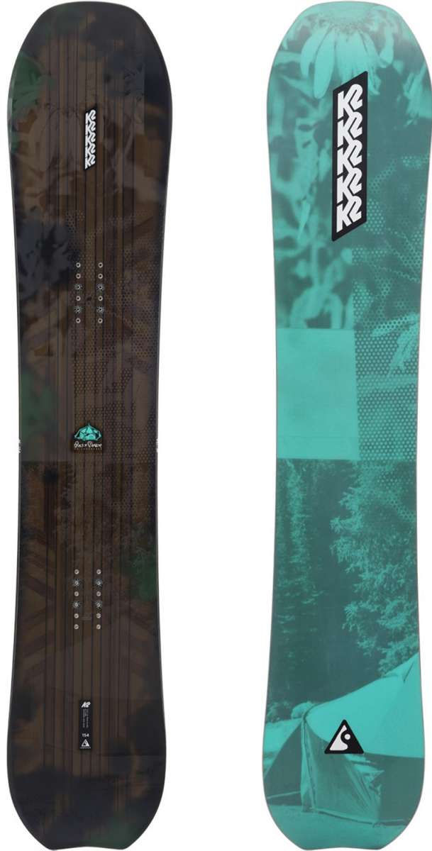 K2 Passport snowboard 2024 features a dark green graphic with white and blue accents.