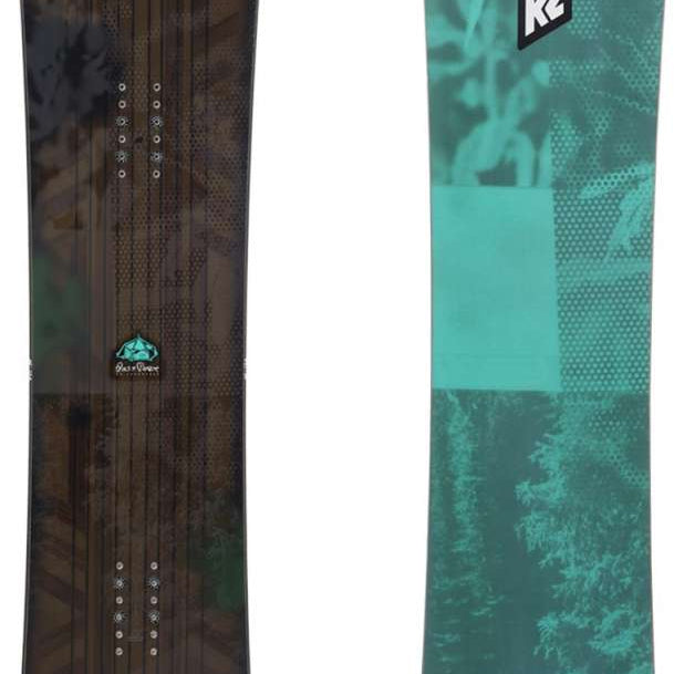 K2 Passport snowboard 2024 features a dark green graphic with white and blue accents.