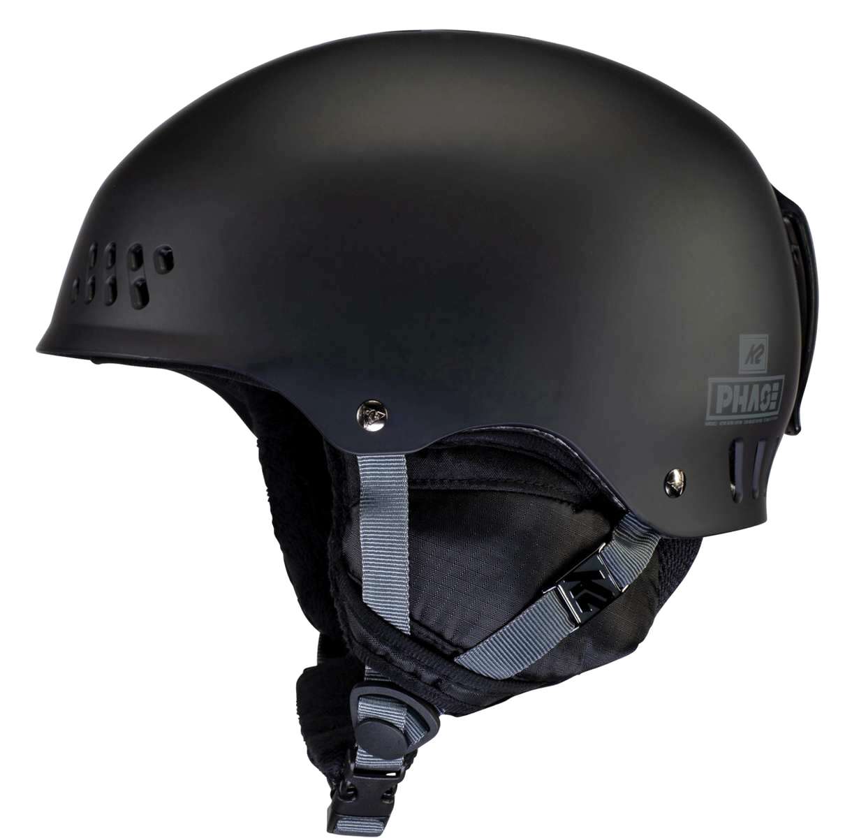 K2 Phase Pro helmet, black with gray straps and ventilation holes.