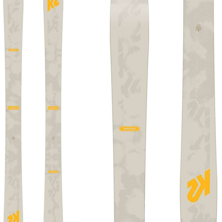 K2 Poacher 2024 ski features a gray and white design.