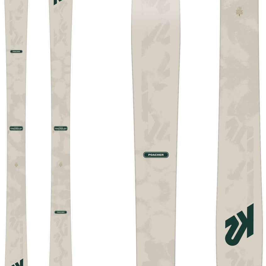 K2 Poacher skis, 2024 model, feature a distinctive graphic design and a light gray color.