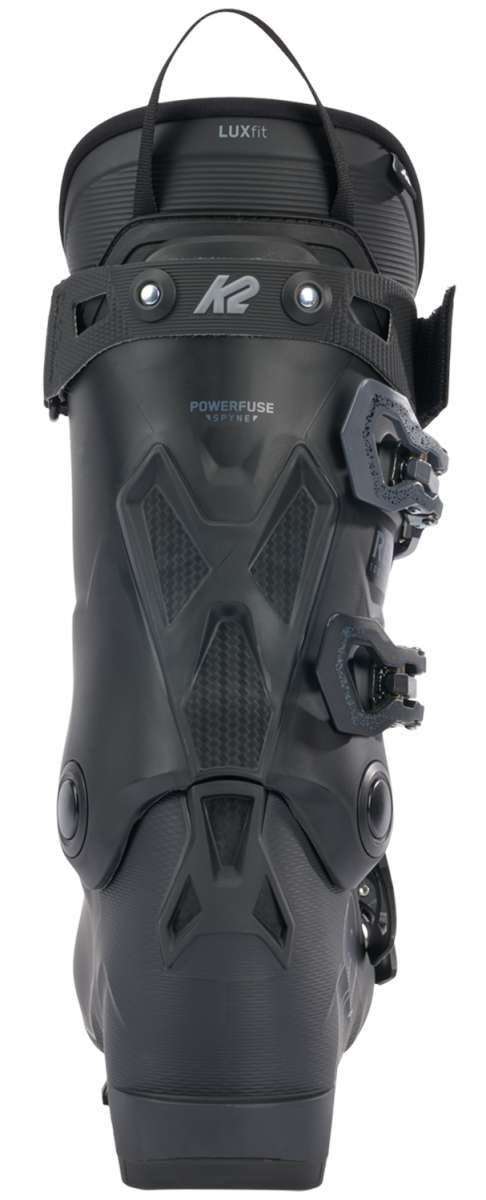 Black K2 Recon 100 MV ski boot features a textured shell and silver hardware.