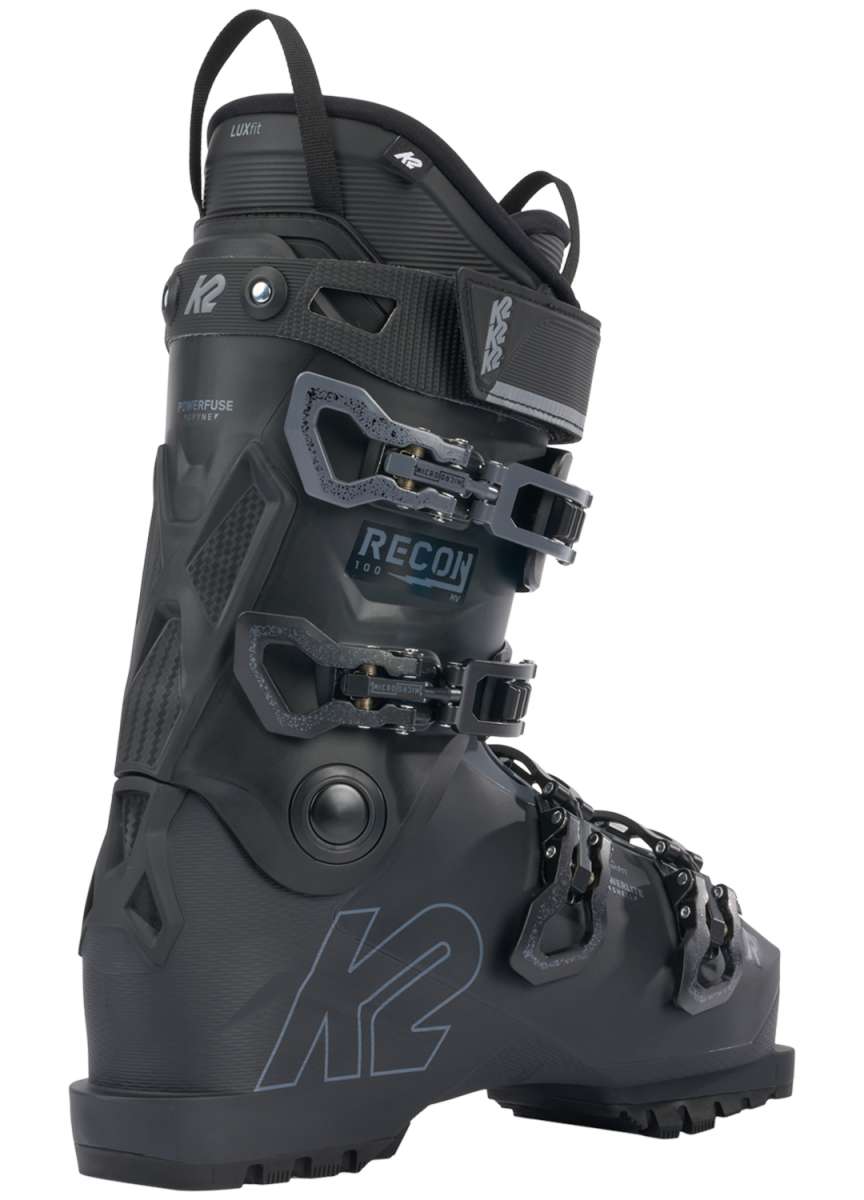 Black K2 Recon 100 MV ski boot features a distinctive design and red accents.