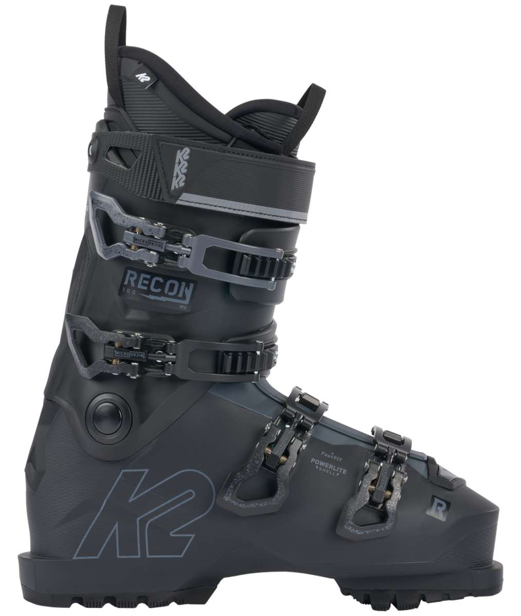 Black K2 Recon 100 MV ski boot features a distinctive design with silver hardware.