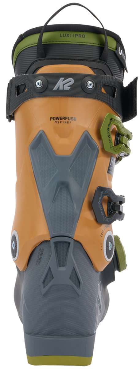 K2 Recon 110 BOA ski boots 2024 feature a black and orange color scheme with a distinctive BOA closure system.