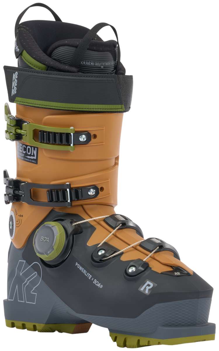 K2 Recon 110 BOA ski boots feature a black and orange color scheme with a distinctive design.