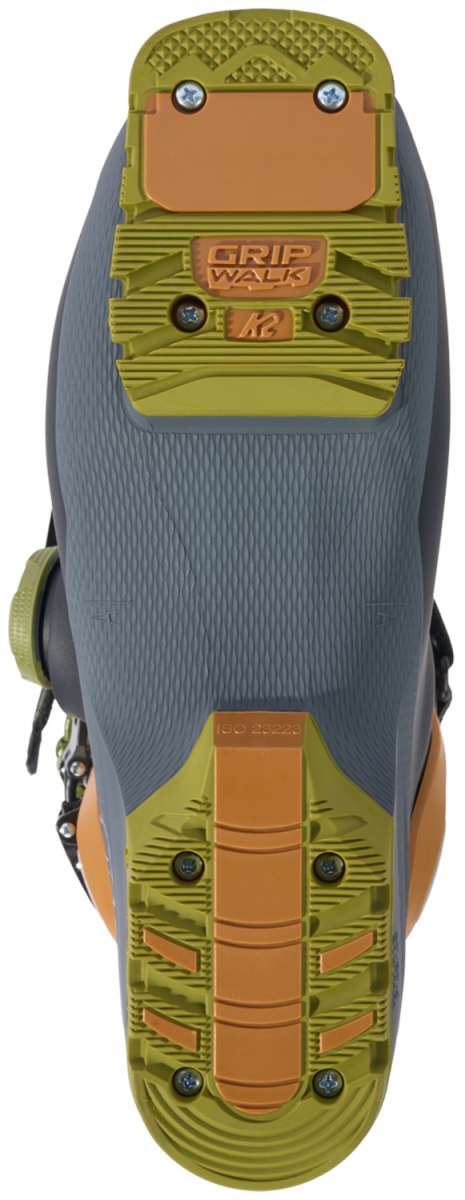 K2 Recon 110 BOA ski boot sole, featuring a textured gray pattern and orange accents.