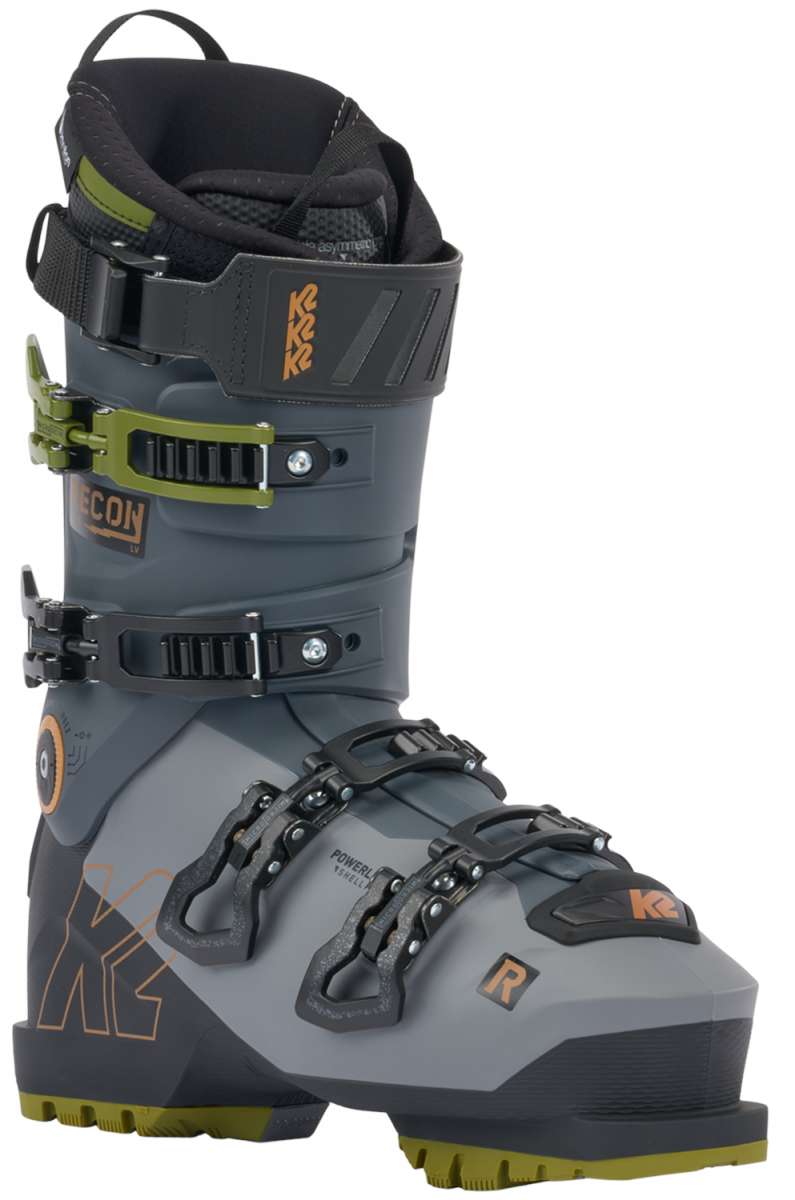 K2 Recon 120 MV ski boots feature a gray and yellow color scheme with black accents.