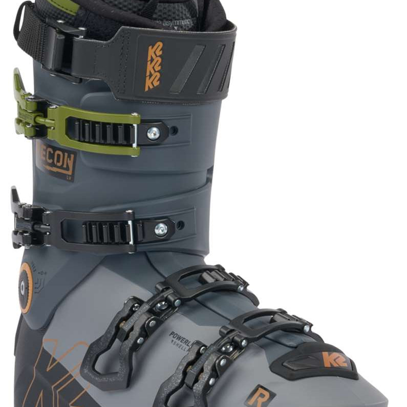 K2 Recon 120 MV ski boots feature a gray and yellow color scheme with black accents.