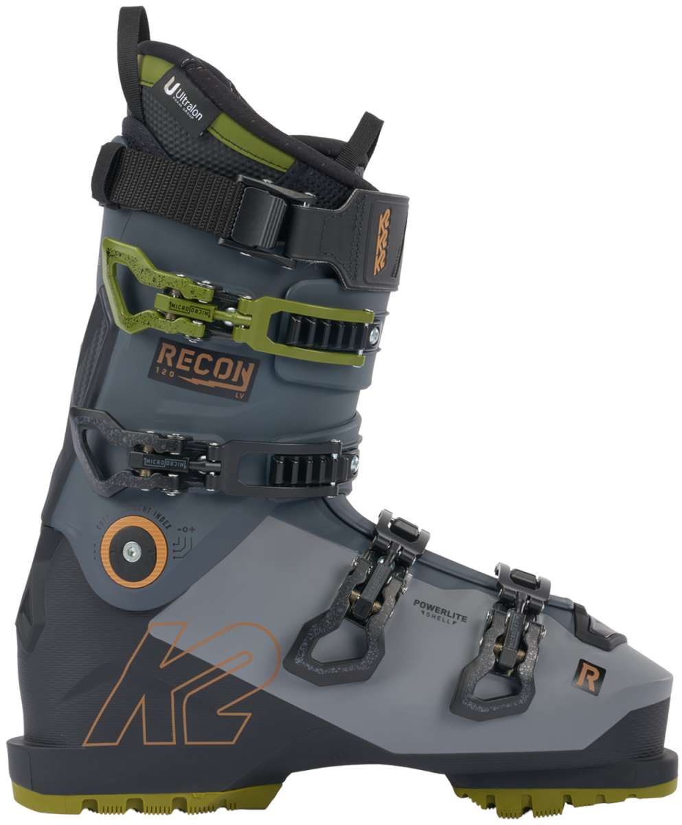 K2 Recon 120 MV ski boots feature a gray and green color scheme with distinctive orange accents.