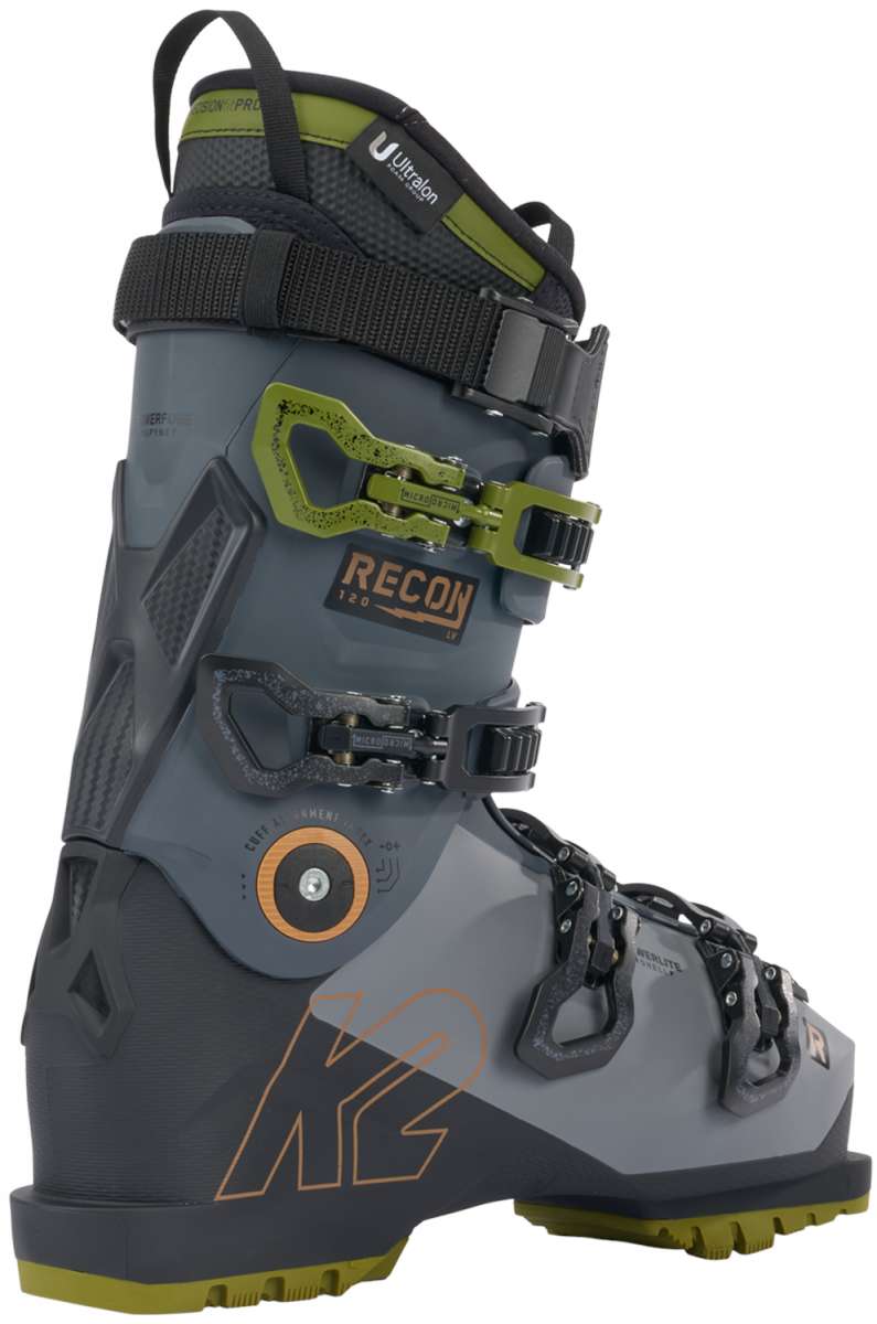 K2 Recon 120 MV ski boots feature a gray and green color scheme with black accents.