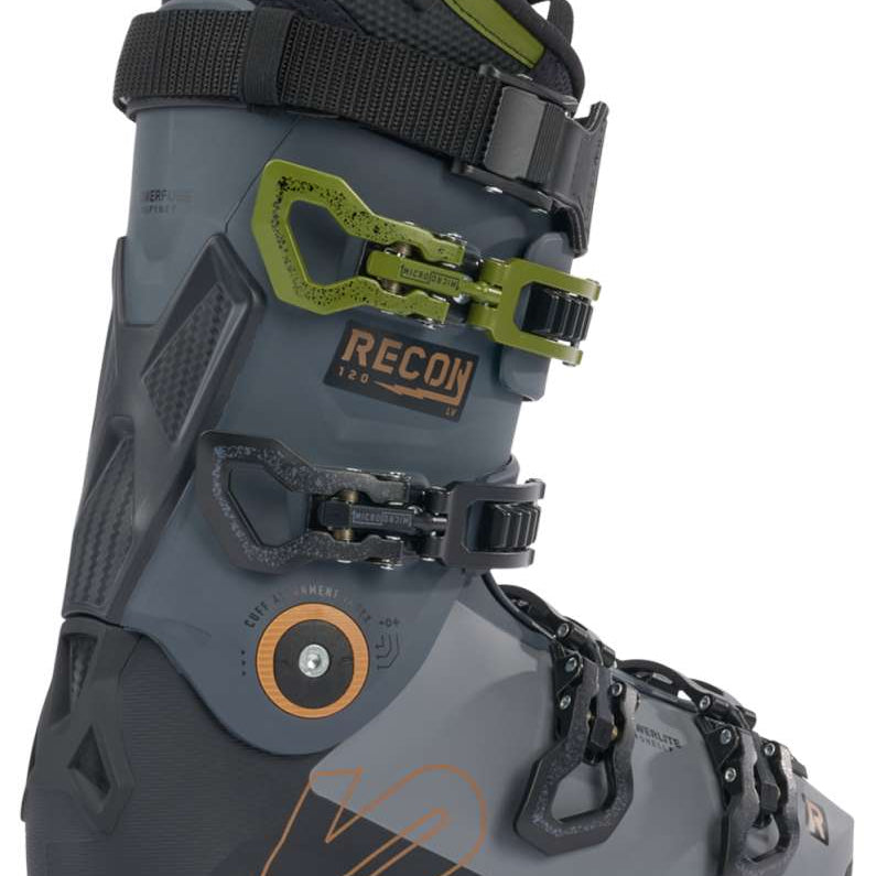 K2 Recon 120 MV ski boots feature a gray and green color scheme with black accents.