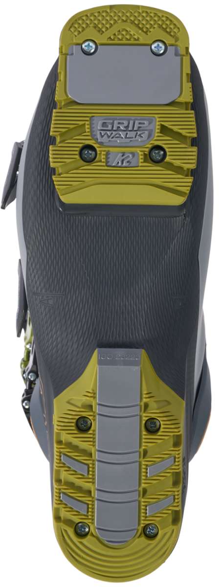 Black K2 Recon 120 MV ski boot sole with yellow and gray textured grip pattern.