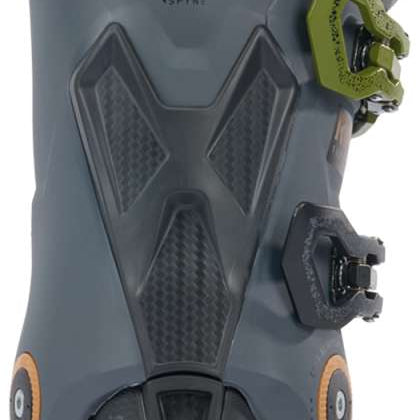 K2 Recon 120 MV ski boots feature a dark gray color with yellow accents and a distinctive design.