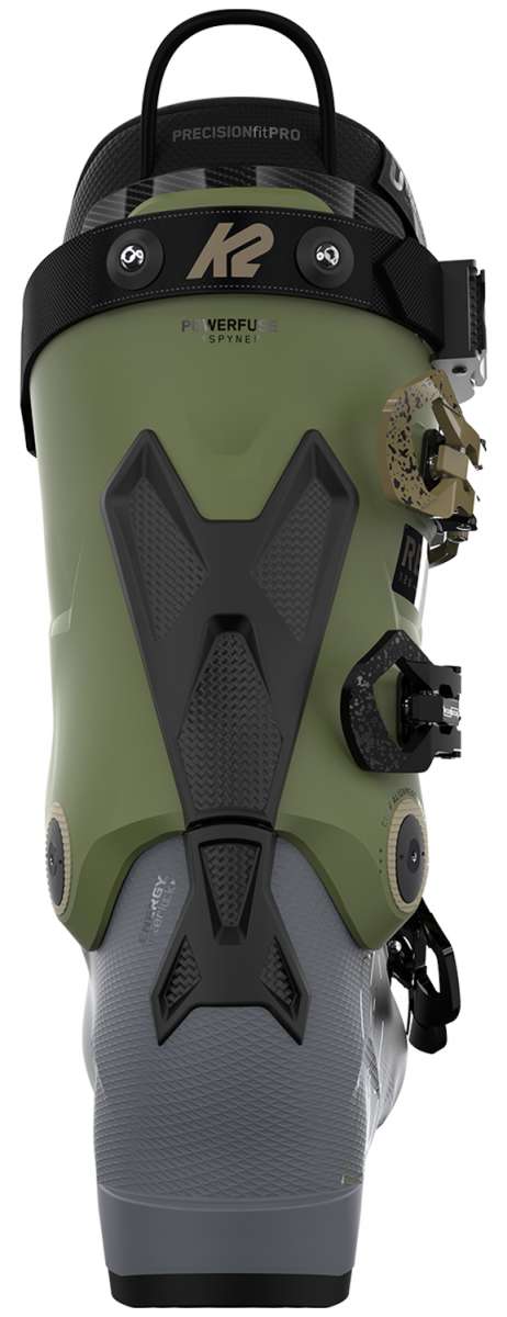 K2 Recon 120 MV 2023 ski boot, black and green design with visible hardware.