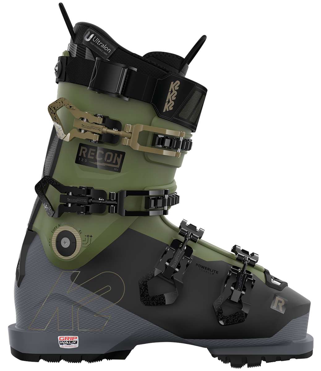 K2 Recon 120 MV ski boot, 2023 model, features a dark green color with silver accents and a textured upper.
