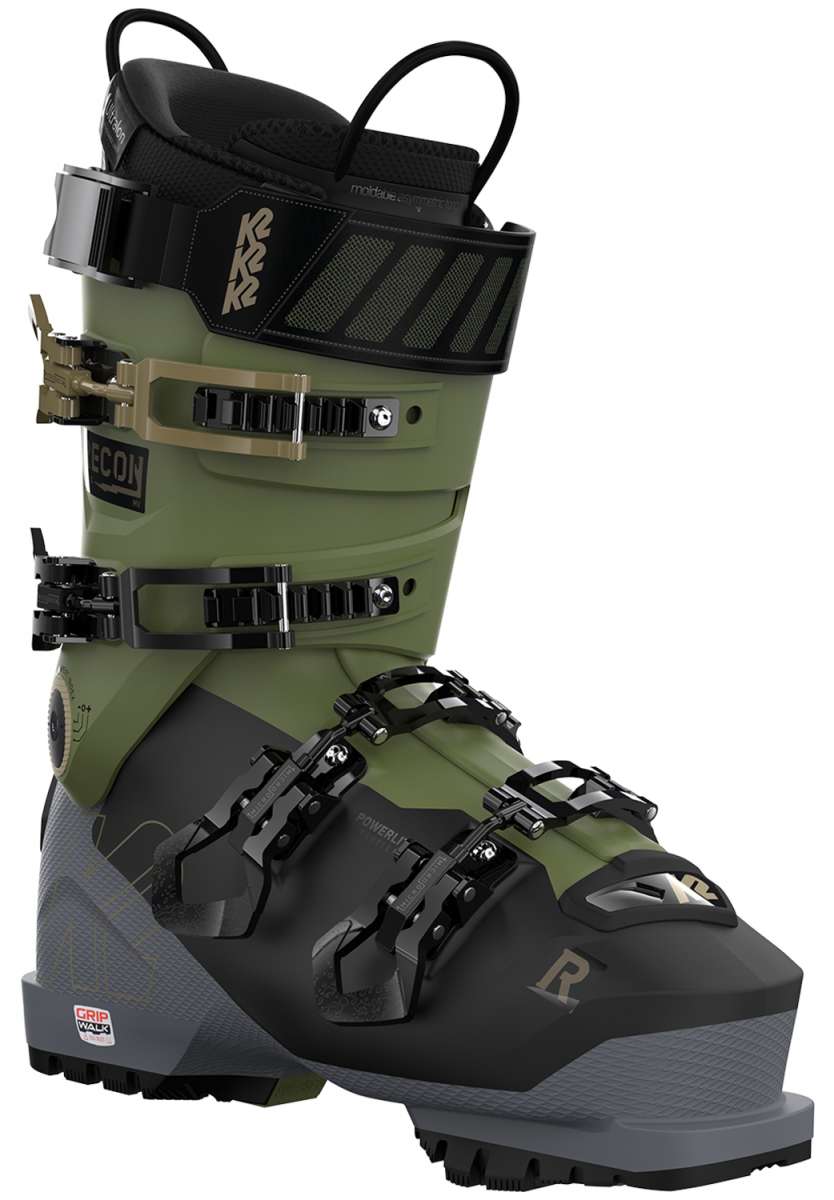 K2 Recon 120 MV ski boot in black and green, featuring a distinctive textured design.