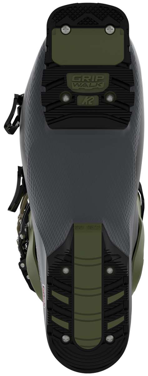 Black K2 Recon 120 MV ski boot sole with green flex zone and red accent.
