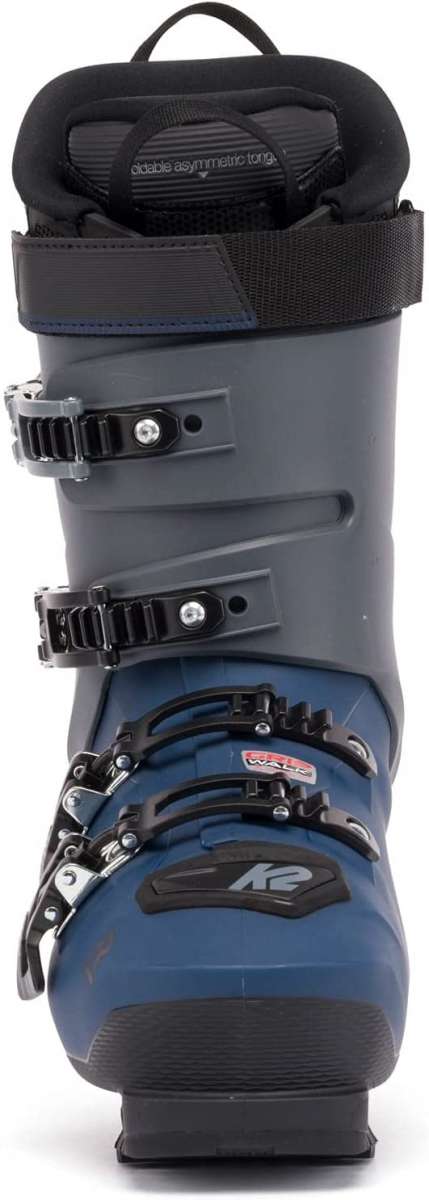 The K2 Recon 90 MV Ski Boots for 2023, featuring a black and blue color scheme with adjustable straps and buckles.