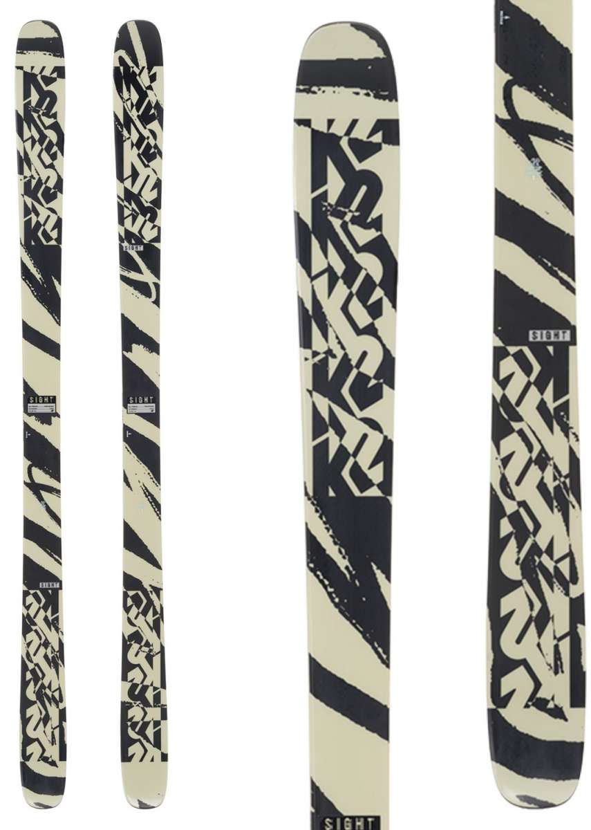 K2 Sight skis, 2024 model, feature a black and white graphic design on a white base.