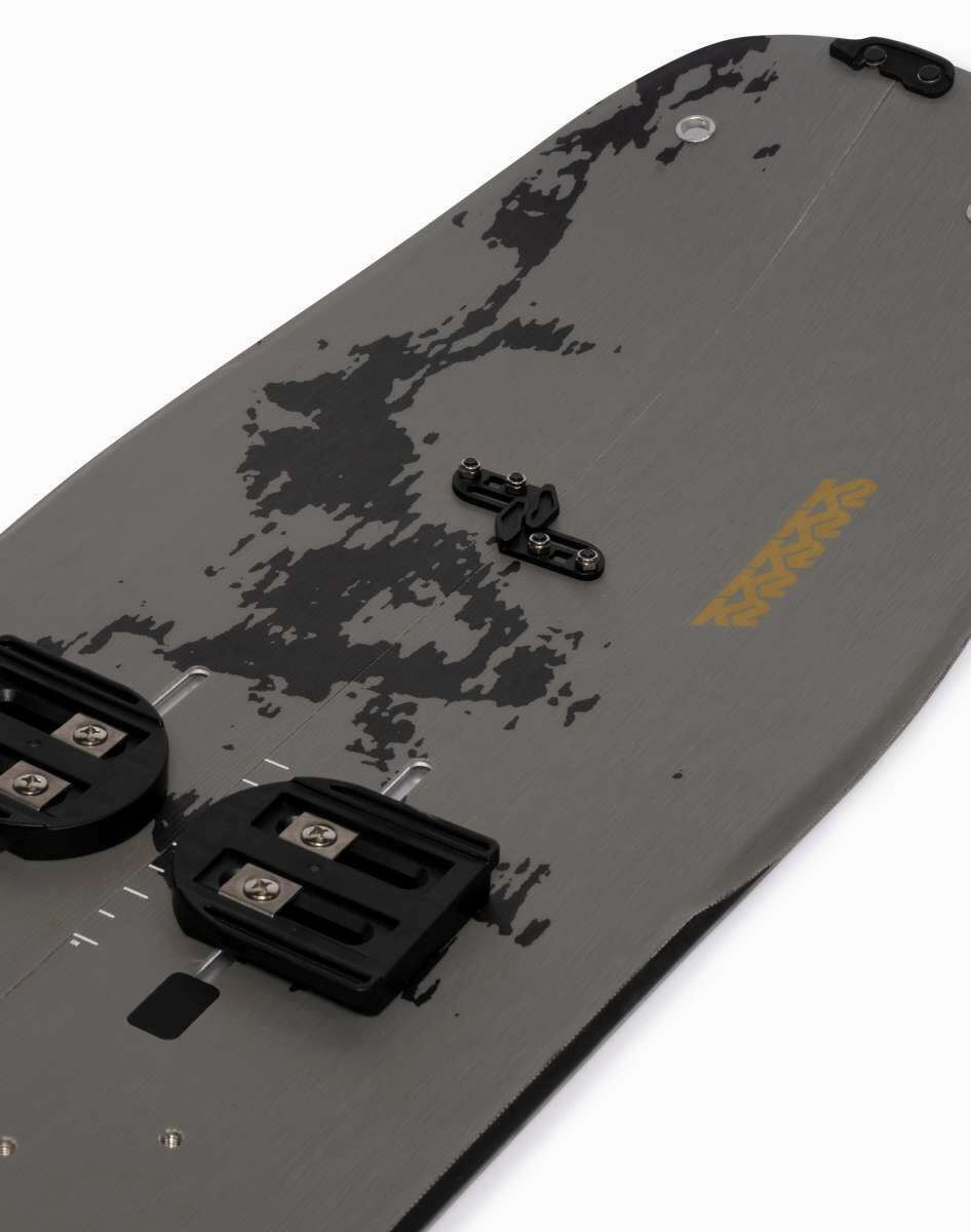 K2 Split Bean 2022 splitboard features a dark gray top with distinctive graphics and splitboard attachment points.