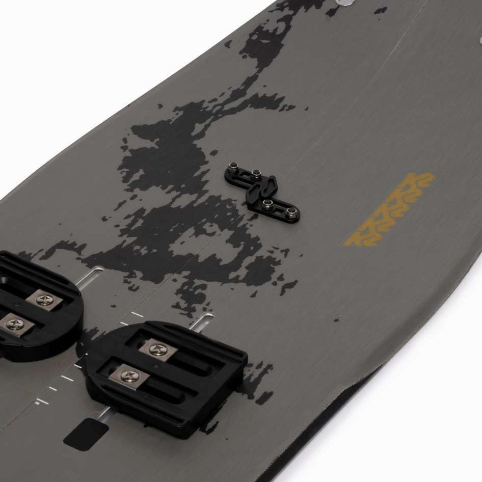 K2 Split Bean 2022 splitboard features a dark gray top with distinctive graphics and splitboard attachment points.