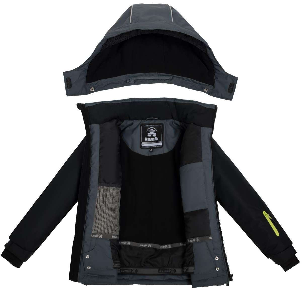 Kamik Boys Max Insulated Jacket 2024 - A black insulated jacket with a hood, featuring a zipper and snap buttons down the front.