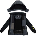 Kamik Boys Max Insulated Jacket 2024 - A black insulated jacket with a hood, featuring a zipper and snap buttons down the front.
