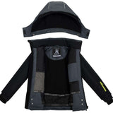 Kamik Boys Max Insulated Jacket 2024 - A black insulated jacket with a hood, featuring a zipper and snap buttons down the front.