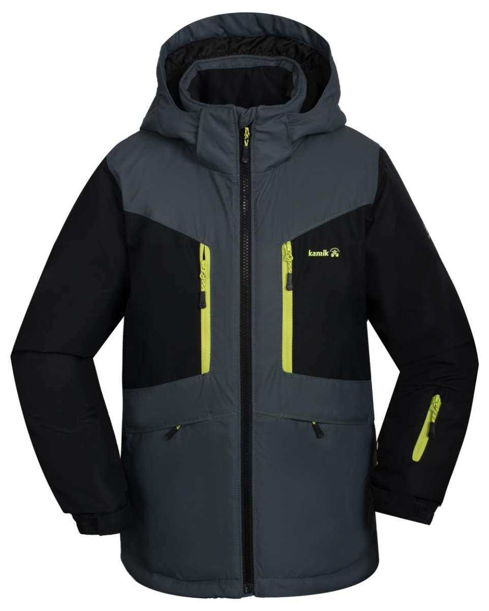 Kamik Boys Max Insulated Jacket 2024 - A dark gray jacket with a hood, featuring lime green zippers and accents on the chest pockets.